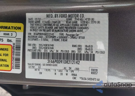 2013 Ford Fusion Titanium z USA, uszkodzony, nr VIN 3FA6P0D91DR212142